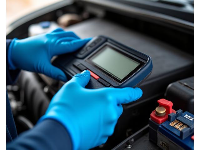 ASF Viertel RoadCare technician performing a battery diagnostic test on a vehicle battery