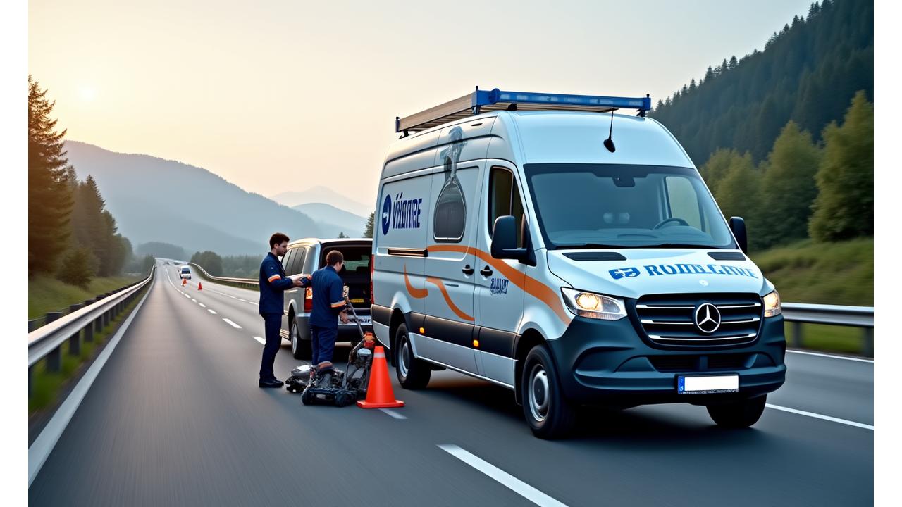 ASF Viertel RoadCare professional service van parked safely on an Austrian roadside with a technician attending to a vehicle
