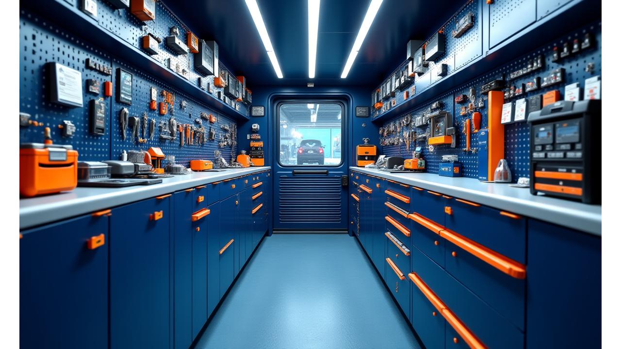 Interior of an ASF Viertel RoadCare mobile workshop showcasing organized tools and equipment