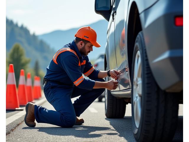 ASF Viertel RoadCare technician safely changing a flat tire on the side of an Austrian road with warning signs