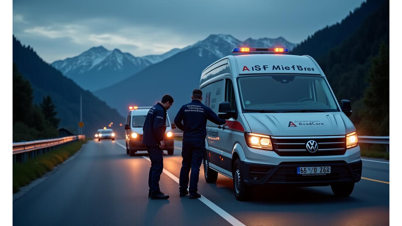 ASF Viertel RoadCare technician assisting a stranded motorist on an Austrian alpine road at dusk