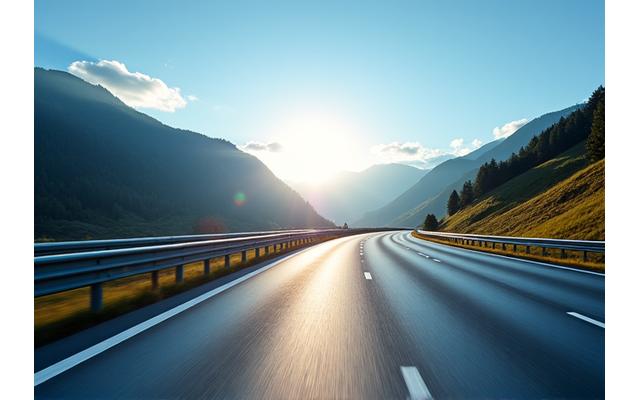 Panoramic view of a modern Austrian motorway with clear digital toll signs and subtle overlay of a digital vignette QR code, signifying seamless, compliant travel.