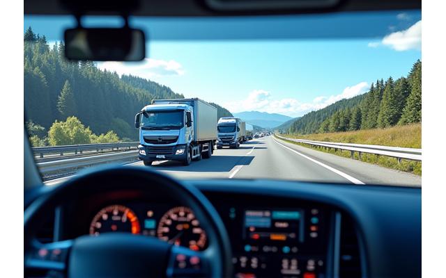 A fleet of modern commercial trucks driving smoothly on an Austrian motorway, with a Go-Box mounted on a dashboard, symbolizing efficient tolling and compliance for businesses.
