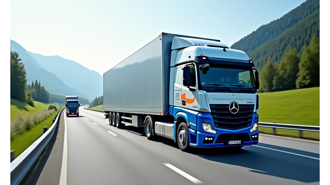 Commercial truck on an Austrian motorway with a professional roadside assistance vehicle approaching.