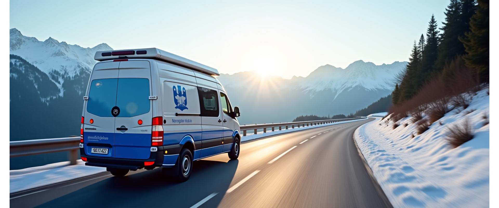 Austrian Alpine road with a modern ASF Viertel RoadCare assistance vehicle on the shoulder, snowy peaks in the background, conveying readiness and reliability