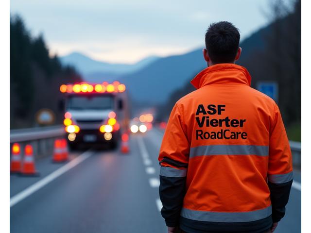 ASF Viertel RoadCare professional assisting at an accident scene with a tow truck and emergency lights