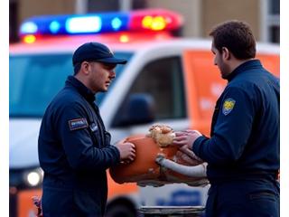 Paramedics attending to an individual at an accident scene with an ambulance in the background