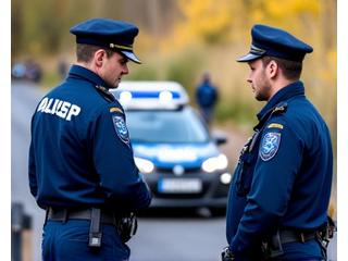 Roadside assistance technician speaking with a police officer at an accident site