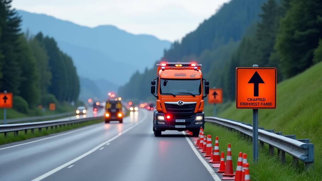 Highway incident scene secured with cones, a flashing sign, and a tow truck