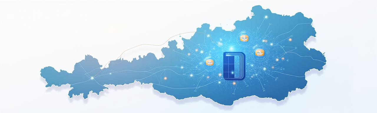 Illustration of secure digital data, represented by shields and locked icons over a map of Austria, symbolizing data protection