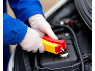 Technician jump-starting a car battery with booster cables