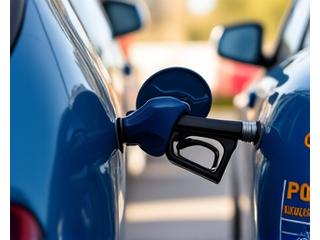 A gas can being held next to a car's fuel tank, implying fuel delivery