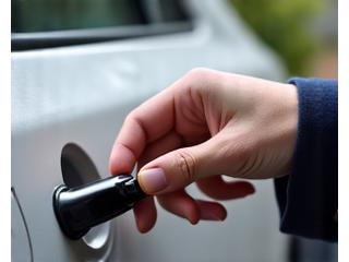 A hand inserting a slim tool into a car door to unlock it, showing lockout assistance