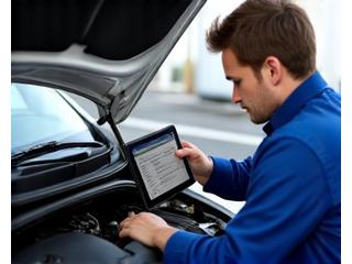 Mechanic diagnosing a car engine beside a breakdown vehicle