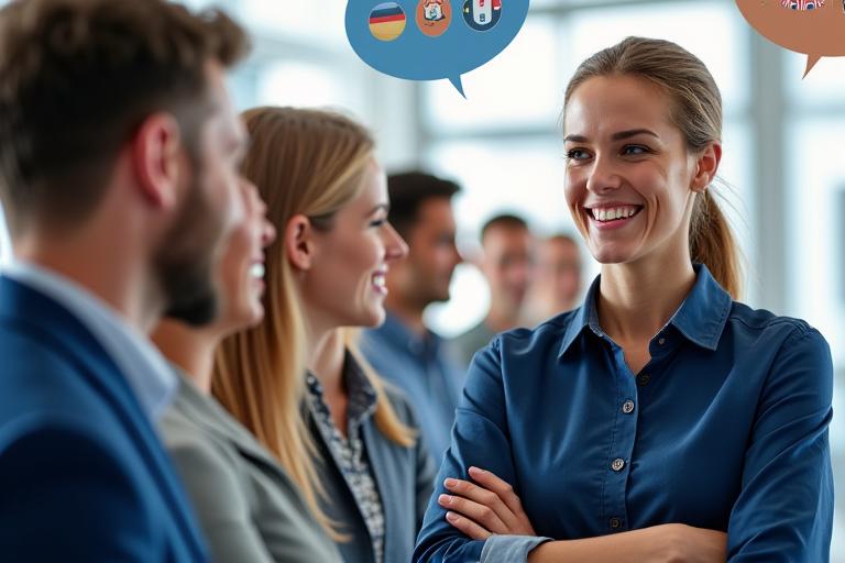 Diverse group of people smiling, suggesting multilingual support, with communication icons