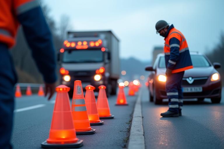 ASF Viertel RoadCare technician setting up reflective cones and emergency lights around a breakdown vehicle on a busy Austrian highway