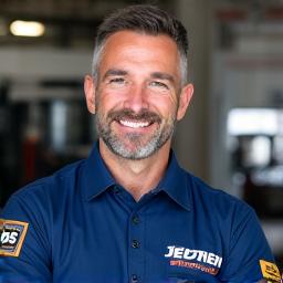 Portrait of a smiling male technician in ASF Viertel RoadCare uniform, with ASE certification badge