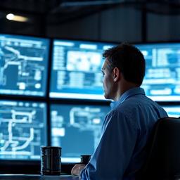 Portrait of a dispatcher working at ASF Viertel RoadCare command center, focusing on integrated system