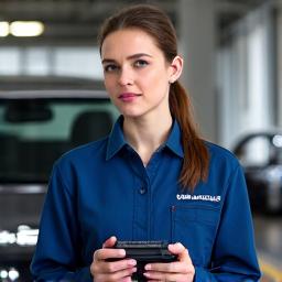 Portrait of a female technician in ASF Viertel RoadCare uniform, holding specialized breakdown recovery tools