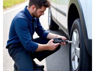 Close-up of a technician repairing a flat tire on the side of a road