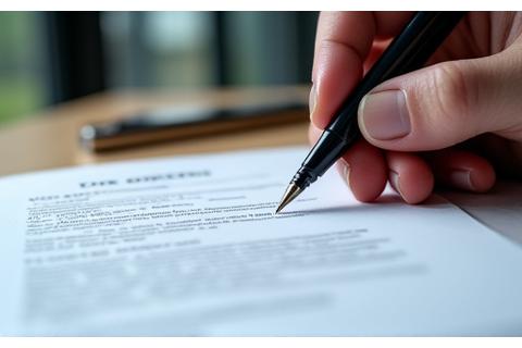 Close-up of a hand holding a clipboard with a pen, signing a document, legal concept