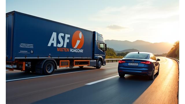 ASF Viertel RoadCare tow truck assisting a broken-down car on an Austrian motorway under a clear sky, illustrating service coverage