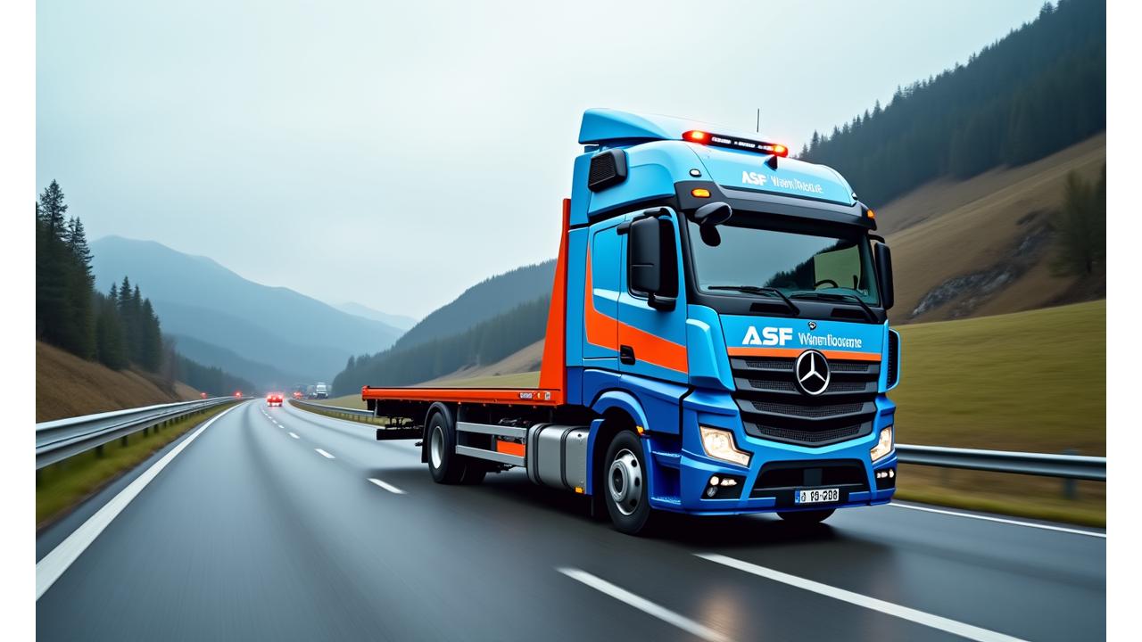 Modern ASF Viertel RoadCare flatbed tow truck on an Austrian motorway during a cloudy day, lights flashing, ready for emergency towing. The truck is clean and professional, conveying reliability.