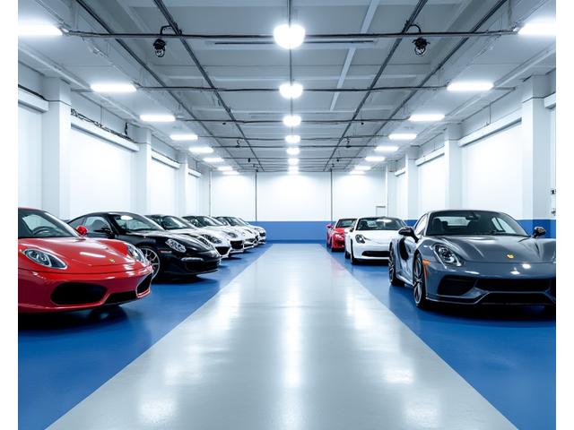 Interior of a clean, well-lit, climate-controlled vehicle storage facility with several premium cars parked securely.
