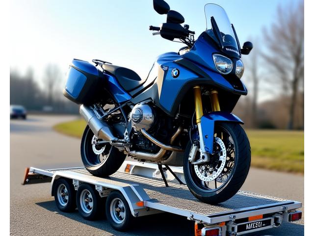 ASF Viertel RoadCare specialized motorcycle carrier securing a touring motorcycle for transport.