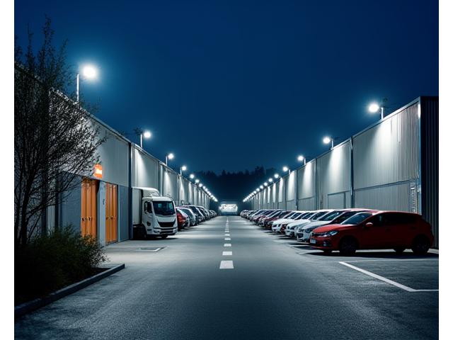 Secure outdoor vehicle storage lot in Linz at night, well-lit with high fences and surveillance cameras visible.