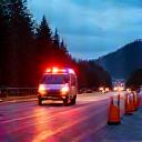 ASF Viertel RoadCare team securing an accident scene with cones and safety lights at twilight.