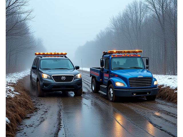 An ASF Viertel RoadCare winch-equipped truck pulling a bogged-down SUV from a muddy roadside ditch.