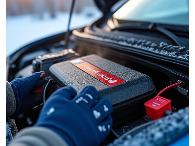 ASF Viertel RoadCare technician performing a cold-start jump-start on a car battery in frosty conditions.