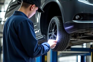 Car being inspected on a lift for winter preparation by a professional technician.