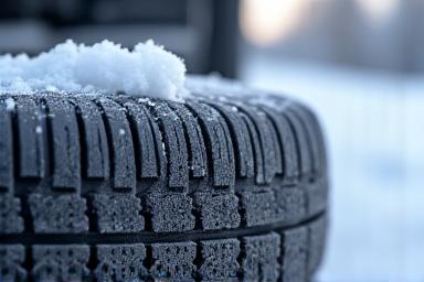 Close-up of winter tires with deep treads on a snowy road.