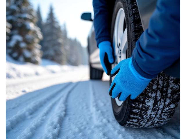 ASF Viertel RoadCare specialist installing snow chains on a vehicle tire on a snowy mountain road.