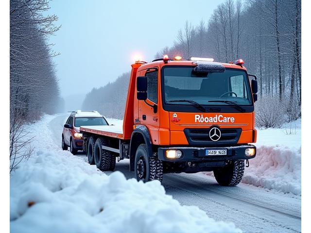 Specialized ASF Viertel RoadCare recovery vehicle extracting a car stuck in deep snow on a rural Austrian road.